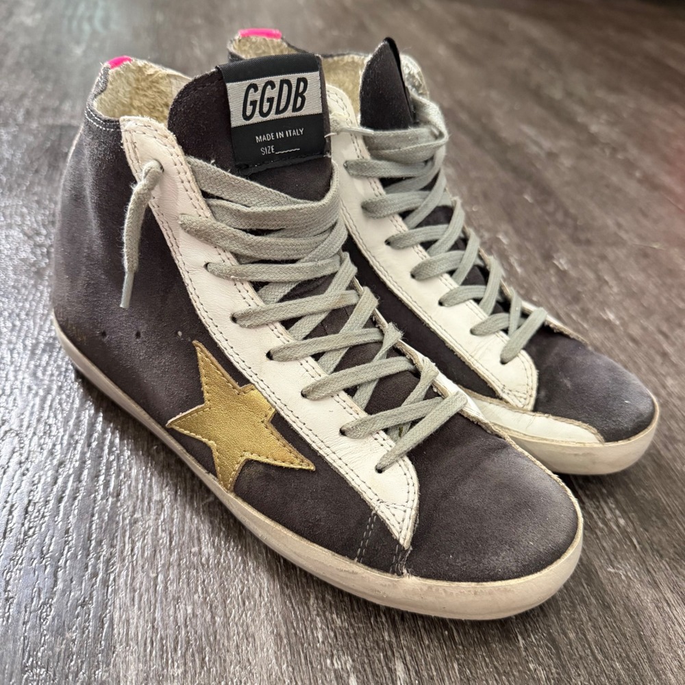 Golden Goose Francy Sneakers Womens 37 Grey Suede Gold Star Neon Pink High Top
